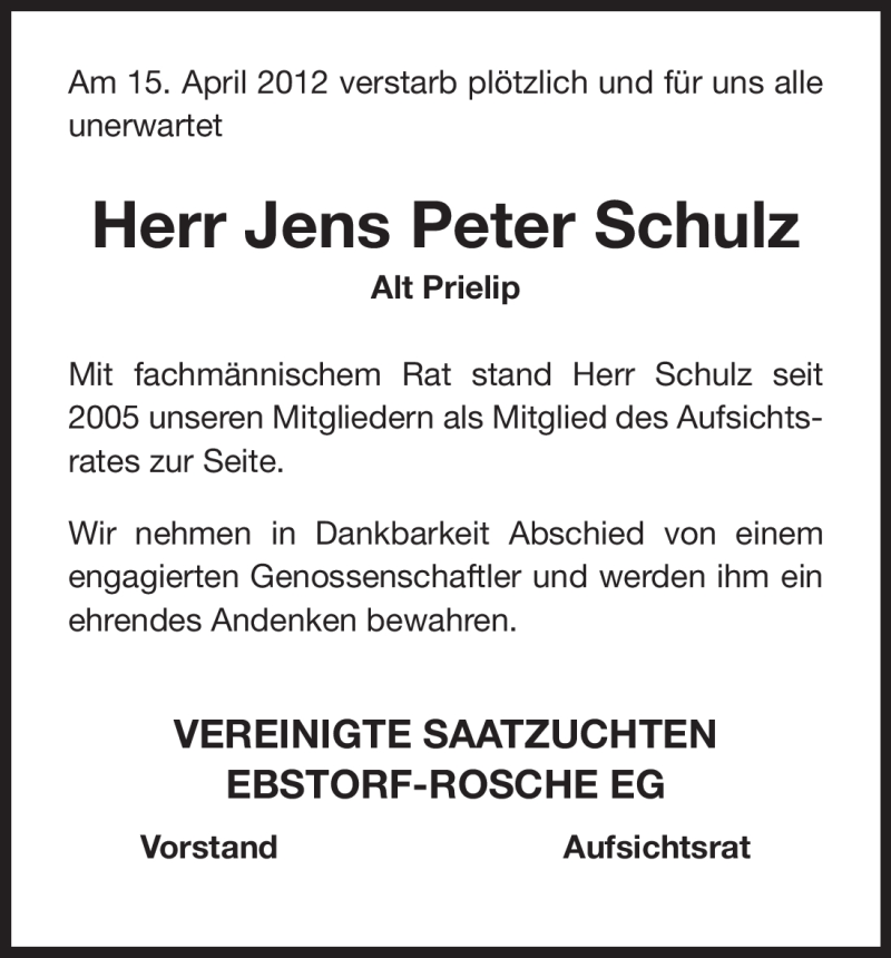  Traueranzeige für Jens Peter Schulz vom 18.04.2012 aus ALLGEMEINE ZEITUNG UELZEN
