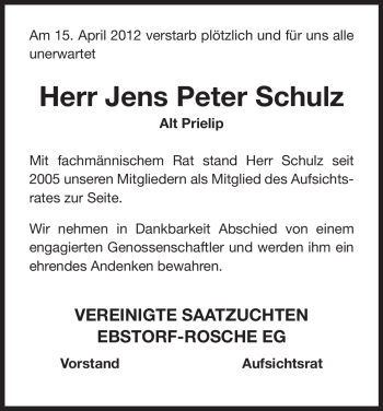 Traueranzeige von Jens Peter Schulz von ALLGEMEINE ZEITUNG UELZEN