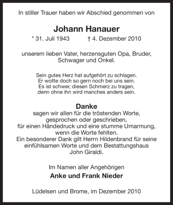 Traueranzeige von Johann Hanauer von ALLGEMEINE ZEITUNG UELZEN