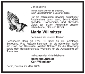 Traueranzeige von Maria Willmitzer von ALLGEMEINE ZEITUNG UELZEN