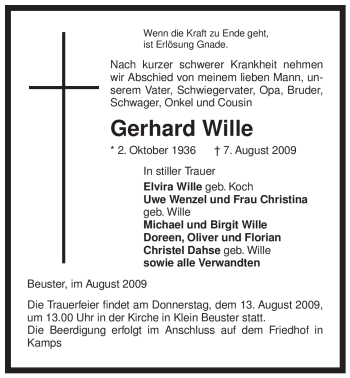 Traueranzeige von Gerhard Wille von ALLGEMEINE ZEITUNG UELZEN