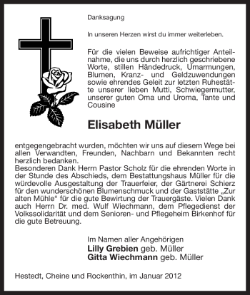 Traueranzeige von Elisabeth Müller von ALLGEMEINE ZEITUNG UELZEN