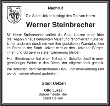 Traueranzeige von Werner Steinbrecher von ALLGEMEINE ZEITUNG UELZEN