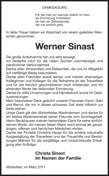 Traueranzeige von Werner Sinast von ALLGEMEINE ZEITUNG UELZEN