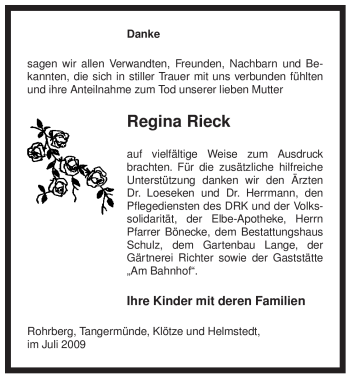 Traueranzeige von Regina Rieck von ALLGEMEINE ZEITUNG UELZEN