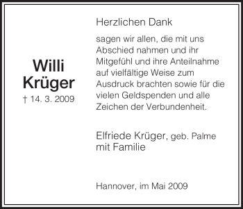 Traueranzeige von Willi Krüger von ALLGEMEINE ZEITUNG UELZEN