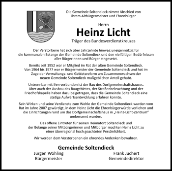 Traueranzeige von Heinz Licht von ALLGEMEINE ZEITUNG UELZEN