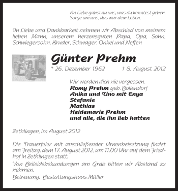 Traueranzeige von Günter Prehm von ALLGEMEINE ZEITUNG UELZEN