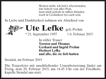 Traueranzeige von Ute Lefke von Uelzen