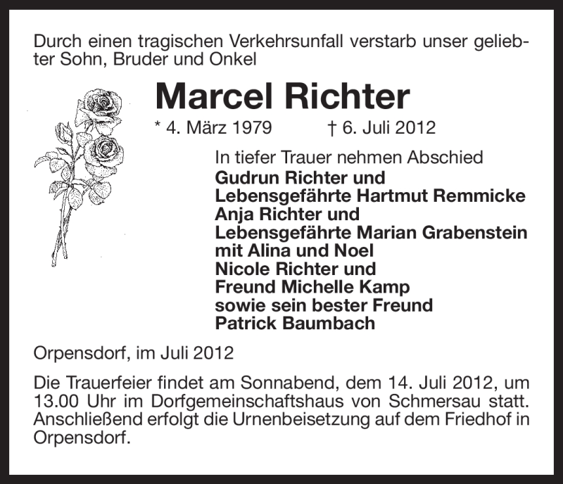  Traueranzeige für Marcel Richter vom 11.07.2012 aus ALLGEMEINE ZEITUNG UELZEN