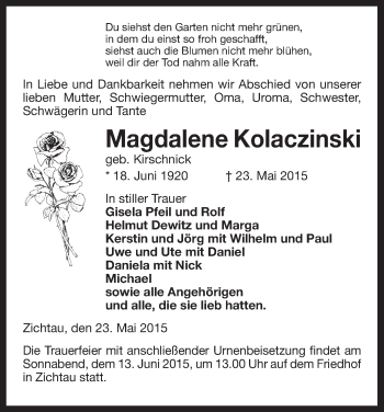 Traueranzeige von Magdalene Kolaczinski von Uelzen