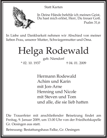 Traueranzeige von Helga Rodewald von ALLGEMEINE ZEITUNG UELZEN