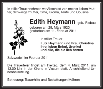 Traueranzeige von Edith Heymann von ALLGEMEINE ZEITUNG UELZEN