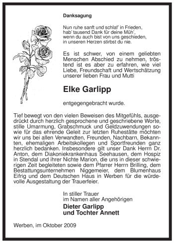 Traueranzeige von Elke Garlipp von ALLGEMEINE ZEITUNG UELZEN