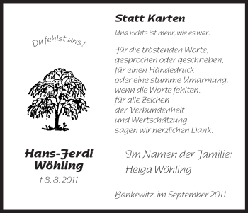 Traueranzeige von Hans-Ferdi Wöhling von ALLGEMEINE ZEITUNG UELZEN