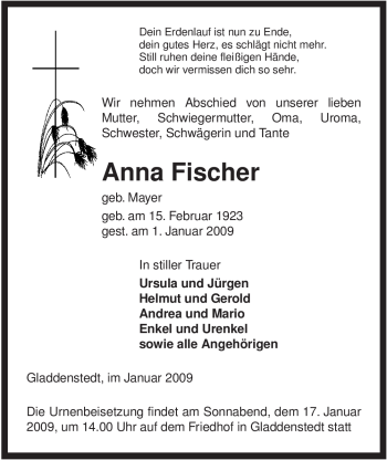 Traueranzeige von Anna Fischer von ALLGEMEINE ZEITUNG UELZEN