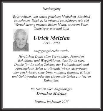 Traueranzeige von Ulrich Melzian von Uelzen