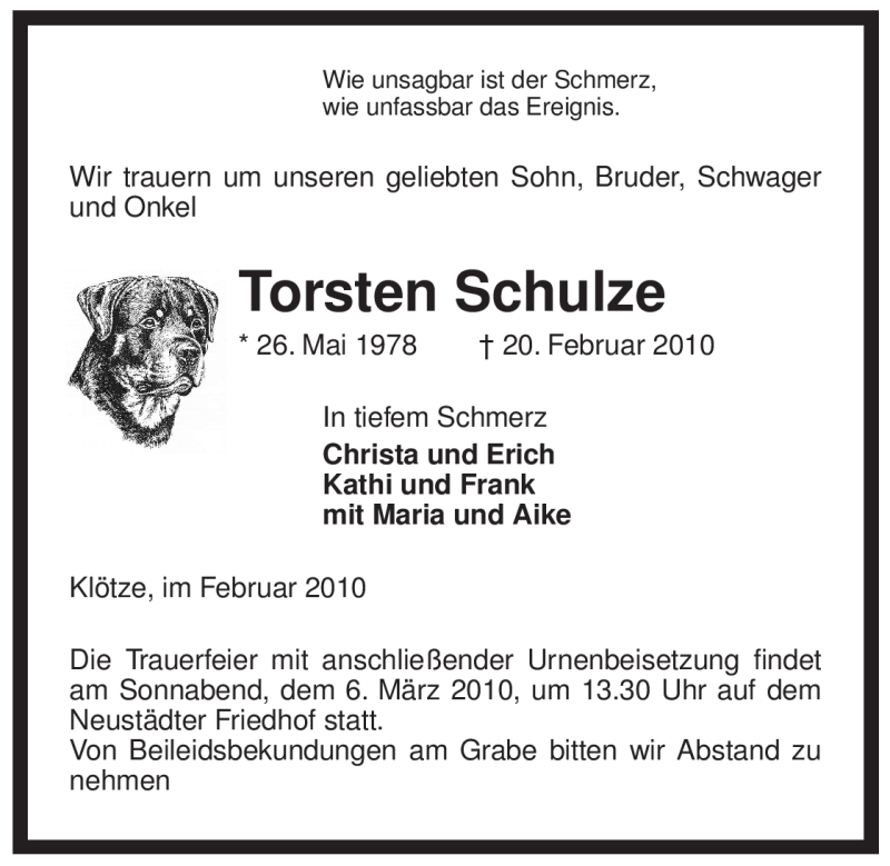  Traueranzeige für Torsten Schulze vom 24.02.2010 aus ALLGEMEINE ZEITUNG UELZEN