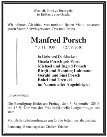 Traueranzeige von Manfred Porsch von ALLGEMEINE ZEITUNG UELZEN