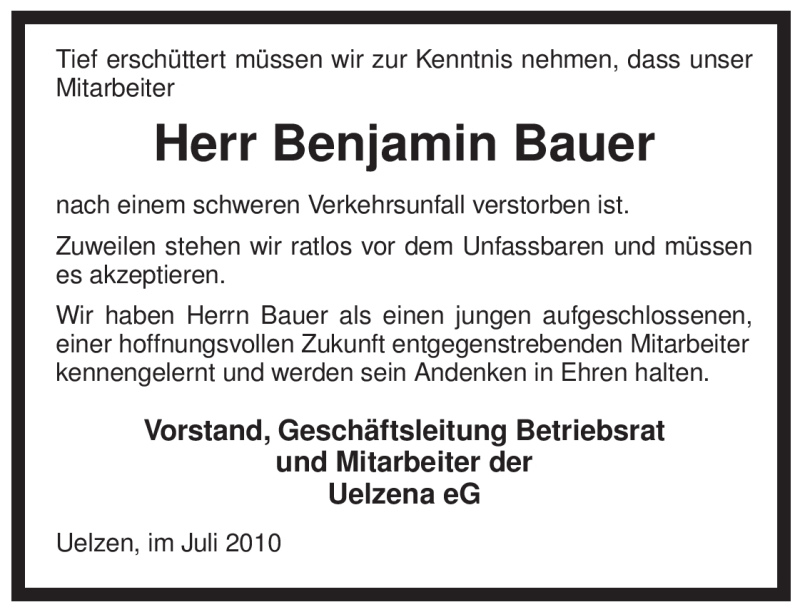  Traueranzeige für Benjamin Bauer vom 28.07.2010 aus ALLGEMEINE ZEITUNG UELZEN