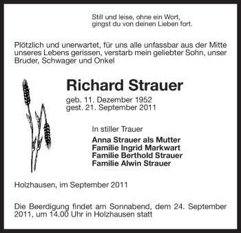 Traueranzeige von Richard Strauer von ALLGEMEINE ZEITUNG UELZEN