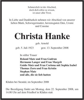 Traueranzeige von Christa Hanke von ALLGEMEINE ZEITUNG UELZEN