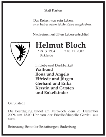 Traueranzeige von Helmut Bloch von ALLGEMEINE ZEITUNG UELZEN