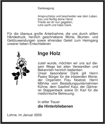 Traueranzeige von Inge Holz von ALLGEMEINE ZEITUNG UELZEN