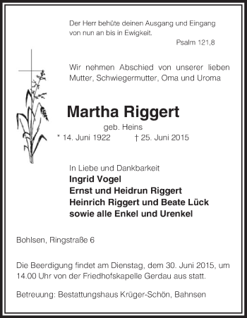 Traueranzeige von Martha Riggert von Uelzen