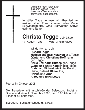 Traueranzeige von Christa Tegge von ALLGEMEINE ZEITUNG UELZEN