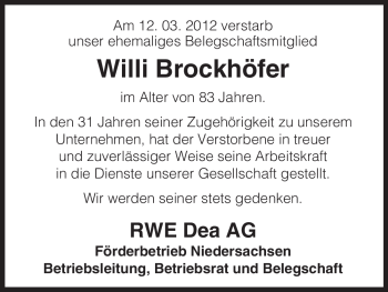 Traueranzeige von Willi Brockhöfer von ALLGEMEINE ZEITUNG UELZEN