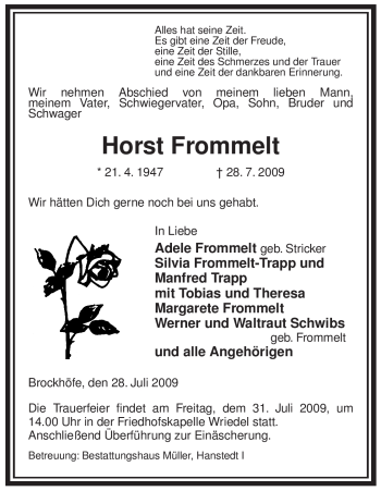 Traueranzeige von Horst Frommelt von ALLGEMEINE ZEITUNG UELZEN