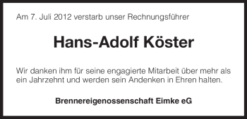 Traueranzeige von Hans-Adolf K?ster von ALLGEMEINE ZEITUNG UELZEN