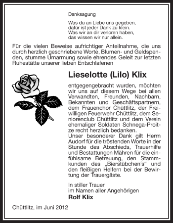 Traueranzeige von Lieselotte Klix von ALLGEMEINE ZEITUNG UELZEN