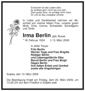 Traueranzeige von Irma Berlin von ALLGEMEINE ZEITUNG UELZEN