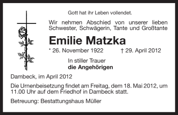 Traueranzeige von Emilie Matzka von ALLGEMEINE ZEITUNG UELZEN