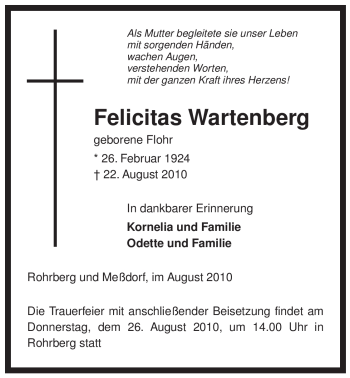 Traueranzeige von Felicitas Wartenberg von ALLGEMEINE ZEITUNG UELZEN