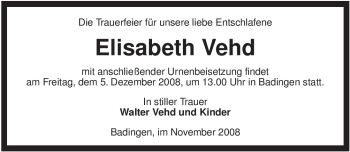 Traueranzeige von Elisabeth Vehd von ALLGEMEINE ZEITUNG UELZEN