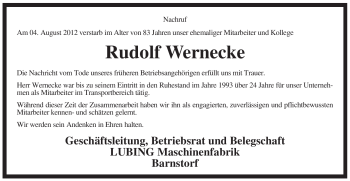 Traueranzeige von Rudolf Wernecke von ALLGEMEINE ZEITUNG UELZEN