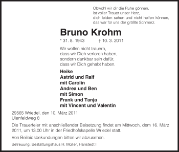 Traueranzeige von Bruno Krohm von ALLGEMEINE ZEITUNG UELZEN