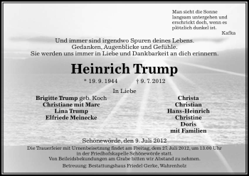 Traueranzeige von Heinrich Trump von ALLGEMEINE ZEITUNG UELZEN
