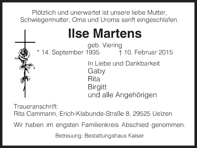  Traueranzeige für Ilse Mertens vom 14.03.2015 aus Uelzen