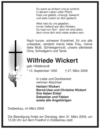 Traueranzeige von Wilfriede Wickert von ALLGEMEINE ZEITUNG UELZEN