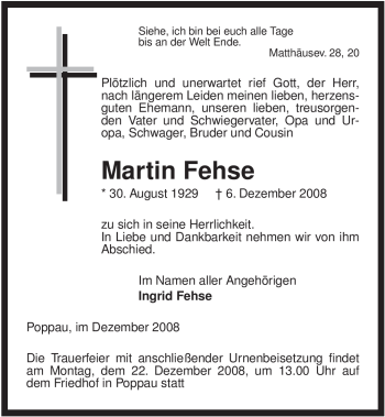 Traueranzeige von Martin Fehse von ALLGEMEINE ZEITUNG UELZEN