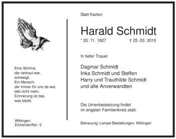 Traueranzeige von Harald Schmidt von ALLGEMEINE ZEITUNG UELZEN