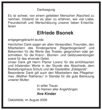 Traueranzeige von Elfriede Bsonek von ALLGEMEINE ZEITUNG UELZEN