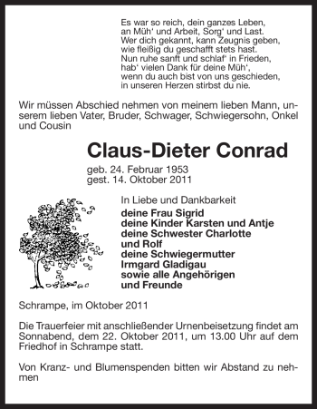 Traueranzeige von Claus-Dieter Conrad von ALLGEMEINE ZEITUNG UELZEN