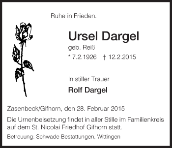 Traueranzeige von Ursel Dargel von Uelzen