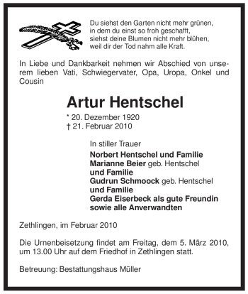 Traueranzeige von Artur Hentschel von ALLGEMEINE ZEITUNG UELZEN