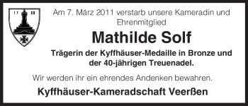 Traueranzeige von Mathilde Solf von ALLGEMEINE ZEITUNG UELZEN